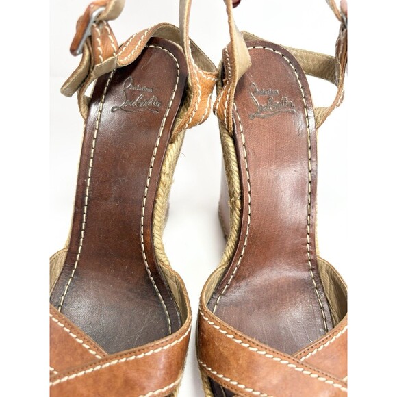Christian Louboutin Brown Leather Almeria 120 Espadrille Wedge Sandals Sz 35 5 - Picture 9 of 10